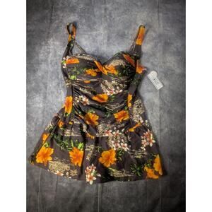 Pursuit Tropical Floral Halter One-Piece Swimdress Built-In Cups Size 14 New!